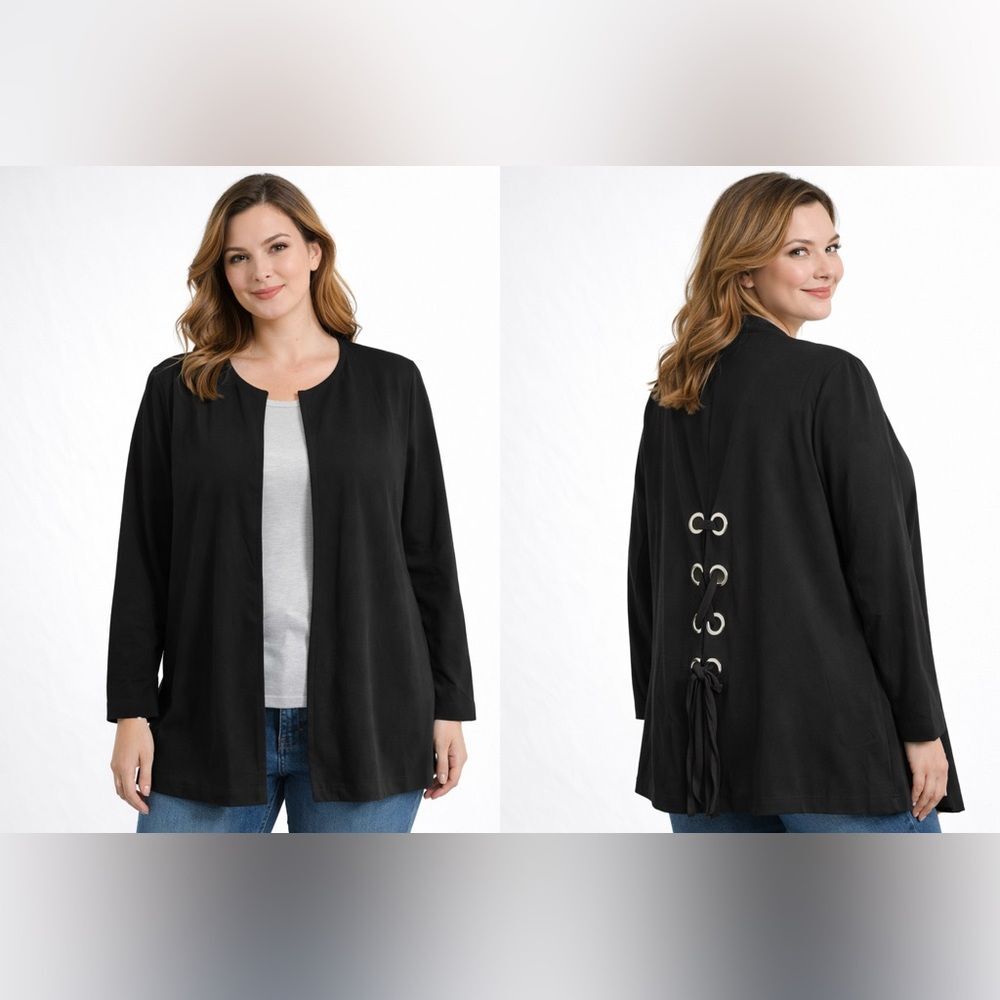 Zenobia Black Lace Up Back Blazer Jacket Women's 3XL Plus Size Open Cardigan